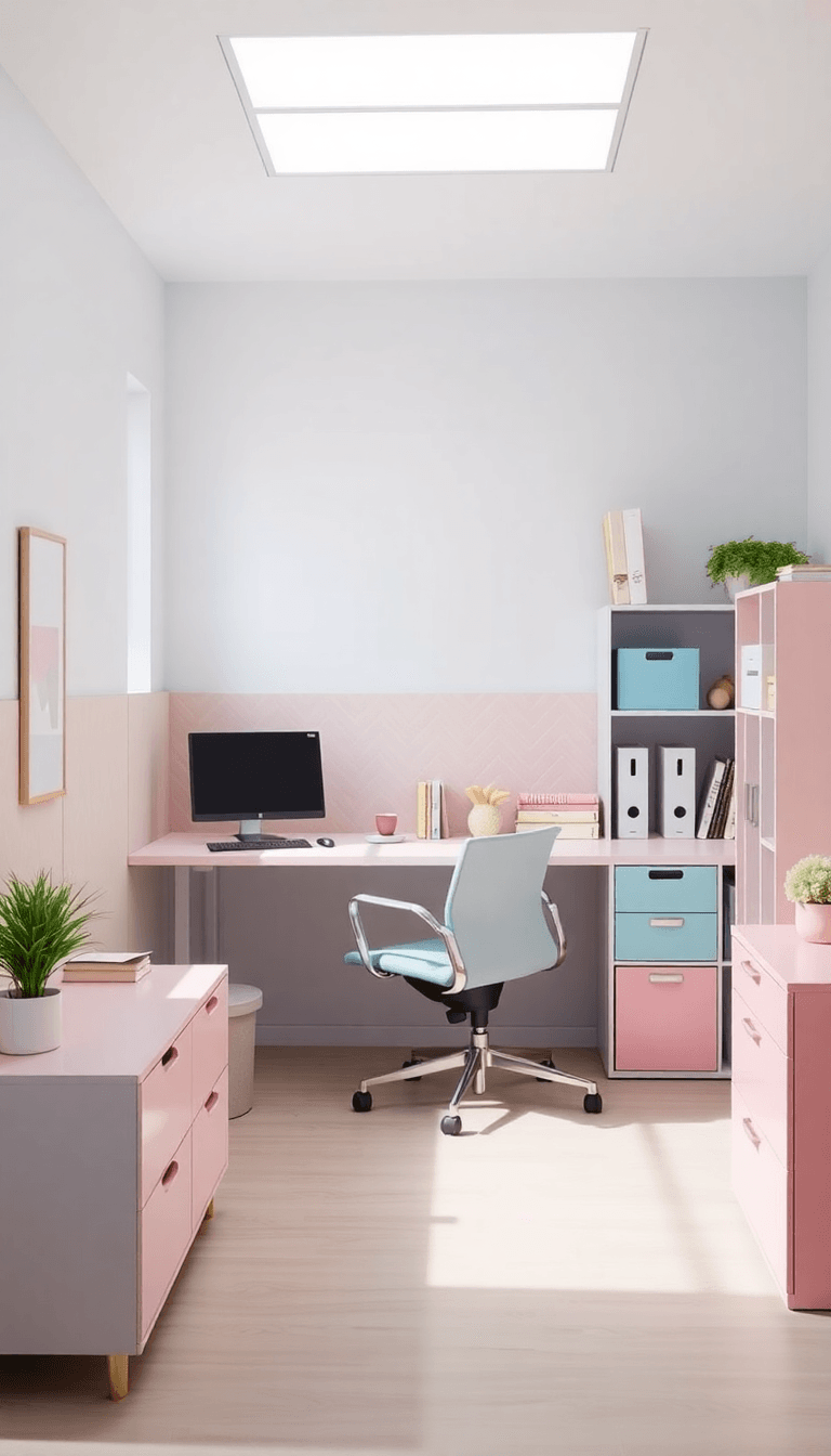 Soft Pastel Workbay With Color-Blocked Storage