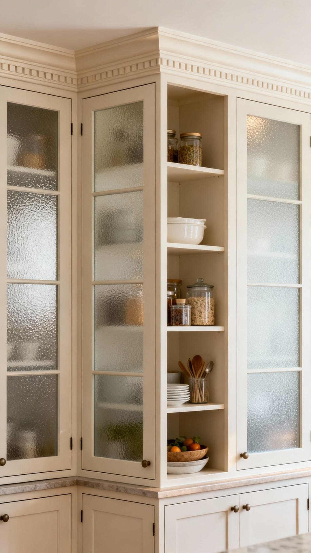 Soft Transitional Corner With Frosted Glass and Crown Molding