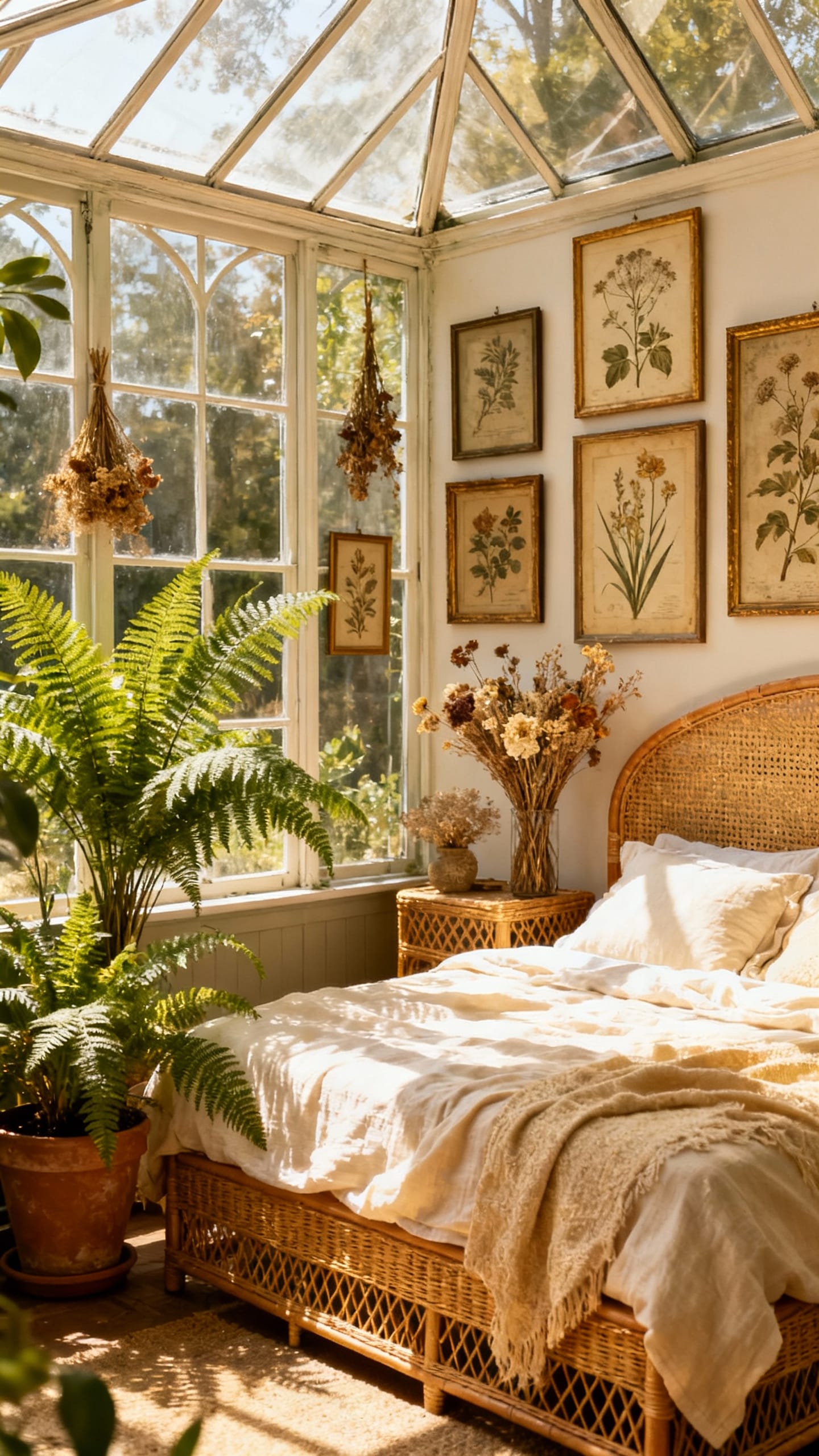 Sunlit Conservatory Bedroom With Rattan and Linen