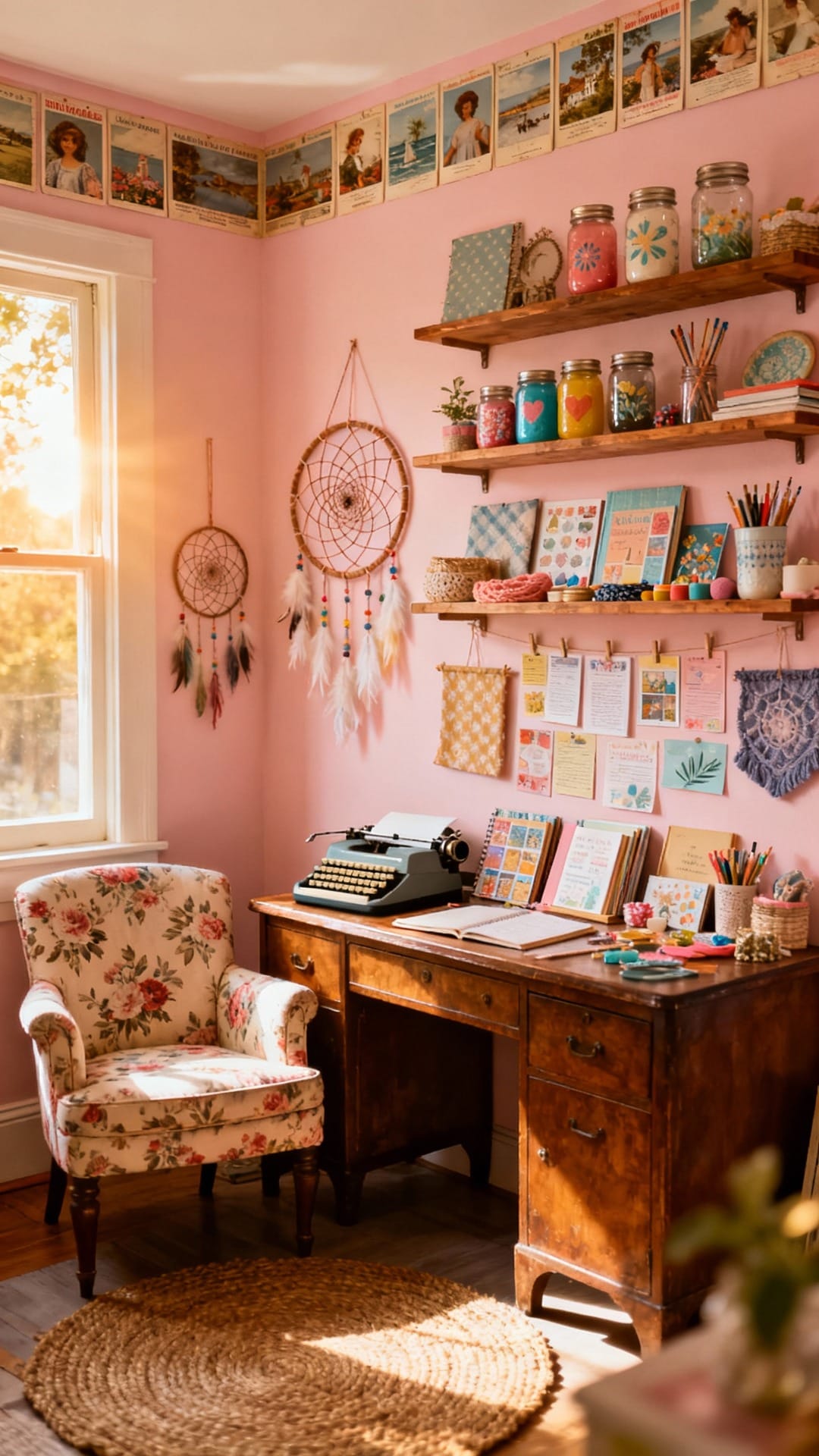 Sunlit Vintage Collage Room With Postcard Borders