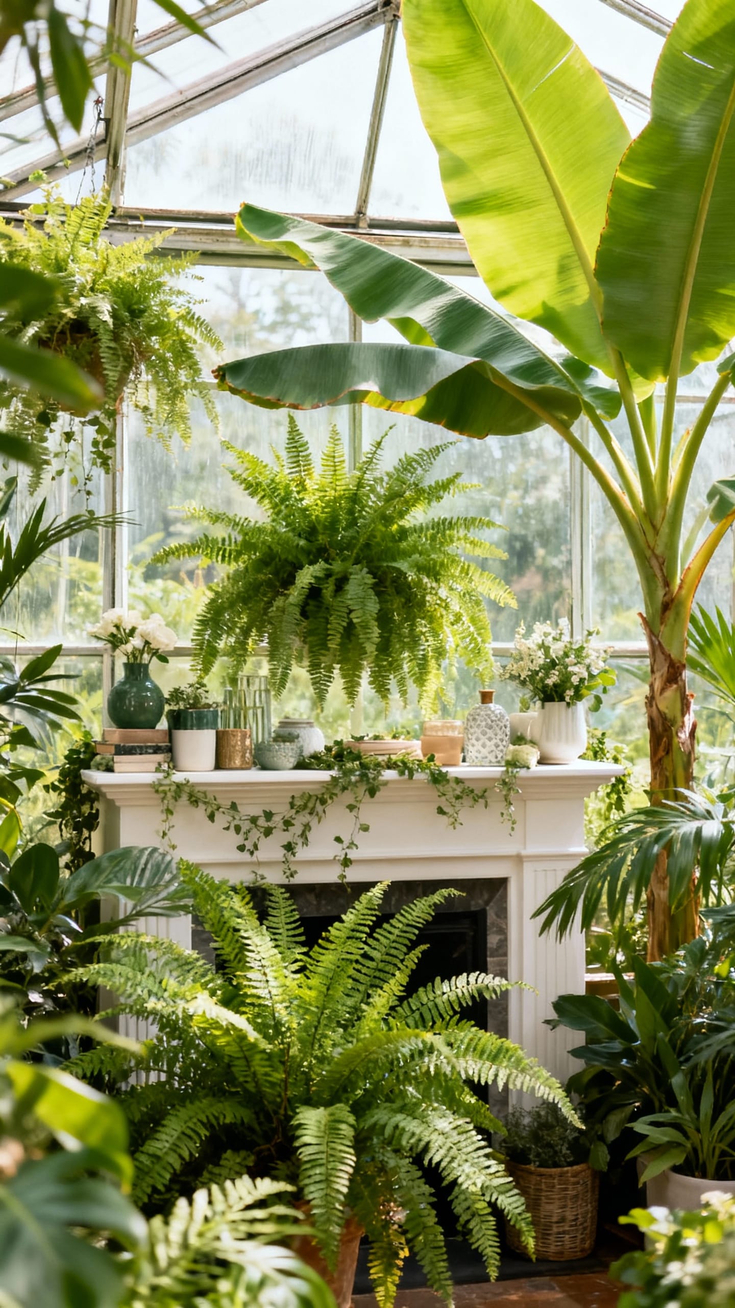 Tropical Greenhouse With Ferns and Banana Leaves