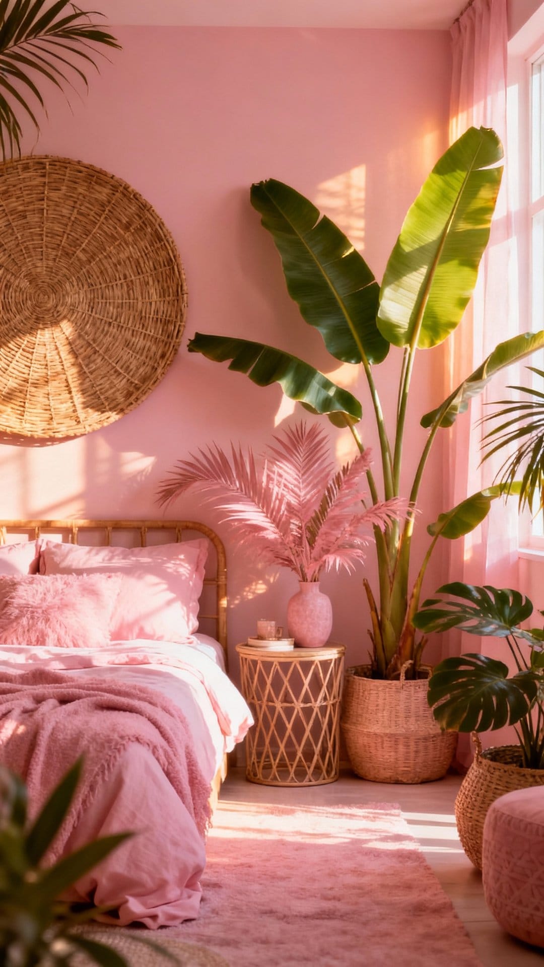 Tropical Pink Oasis with Rattan and Banana Leaves