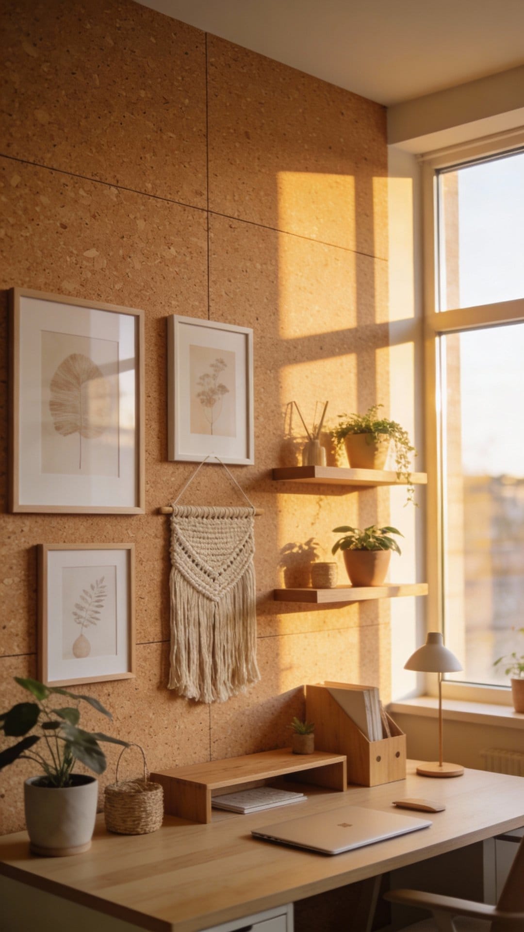 Warm Minimal Office With Cork Panel Accent