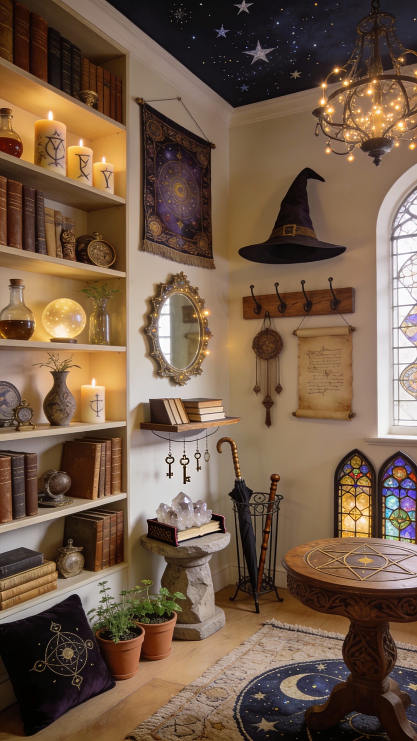 Wizard’s Study Guest Room With Spellbook Shelves