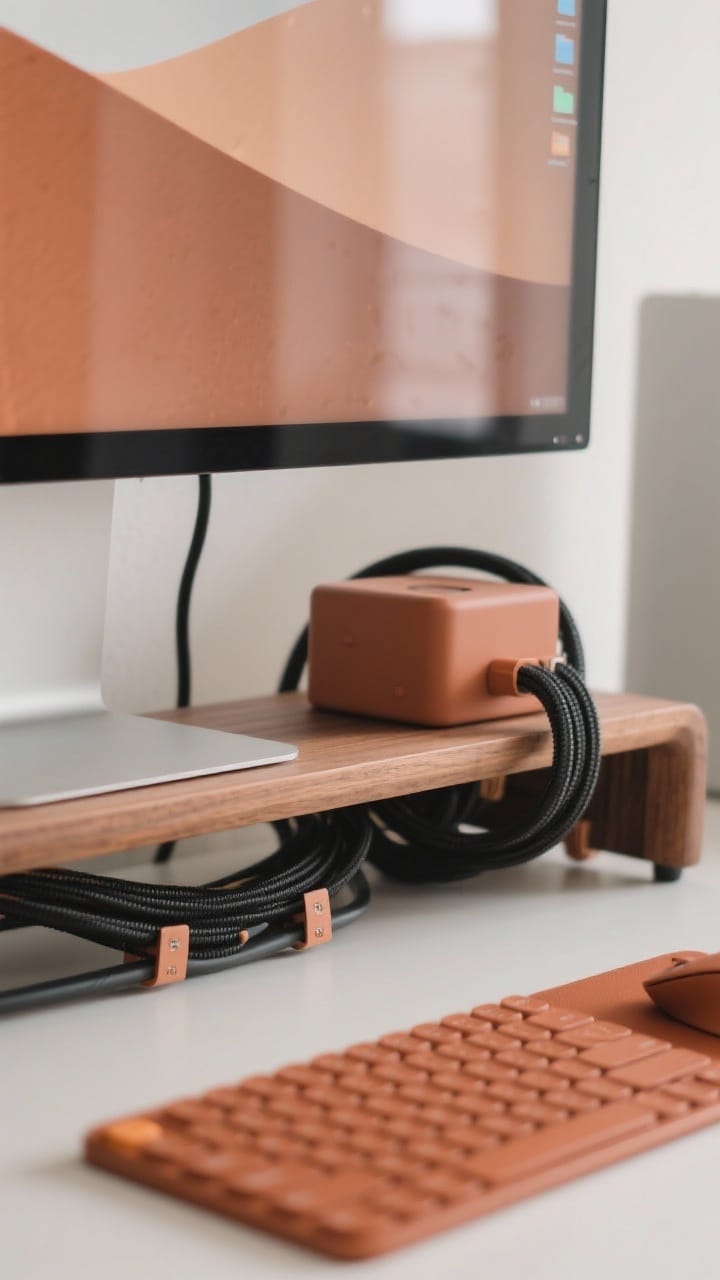 Closeup angled shot of an elevated tech setup: a wood monitor riser, braided black cables routed with adhesive clips into a matte cable box, and a mouse pad and keyboard in matching terracotta tones. Display a clean, tonal desktop wallpaper on the monitor. Subtle reflections, soft daylight, crisp edges to emphasize the aesthetic tech flex.