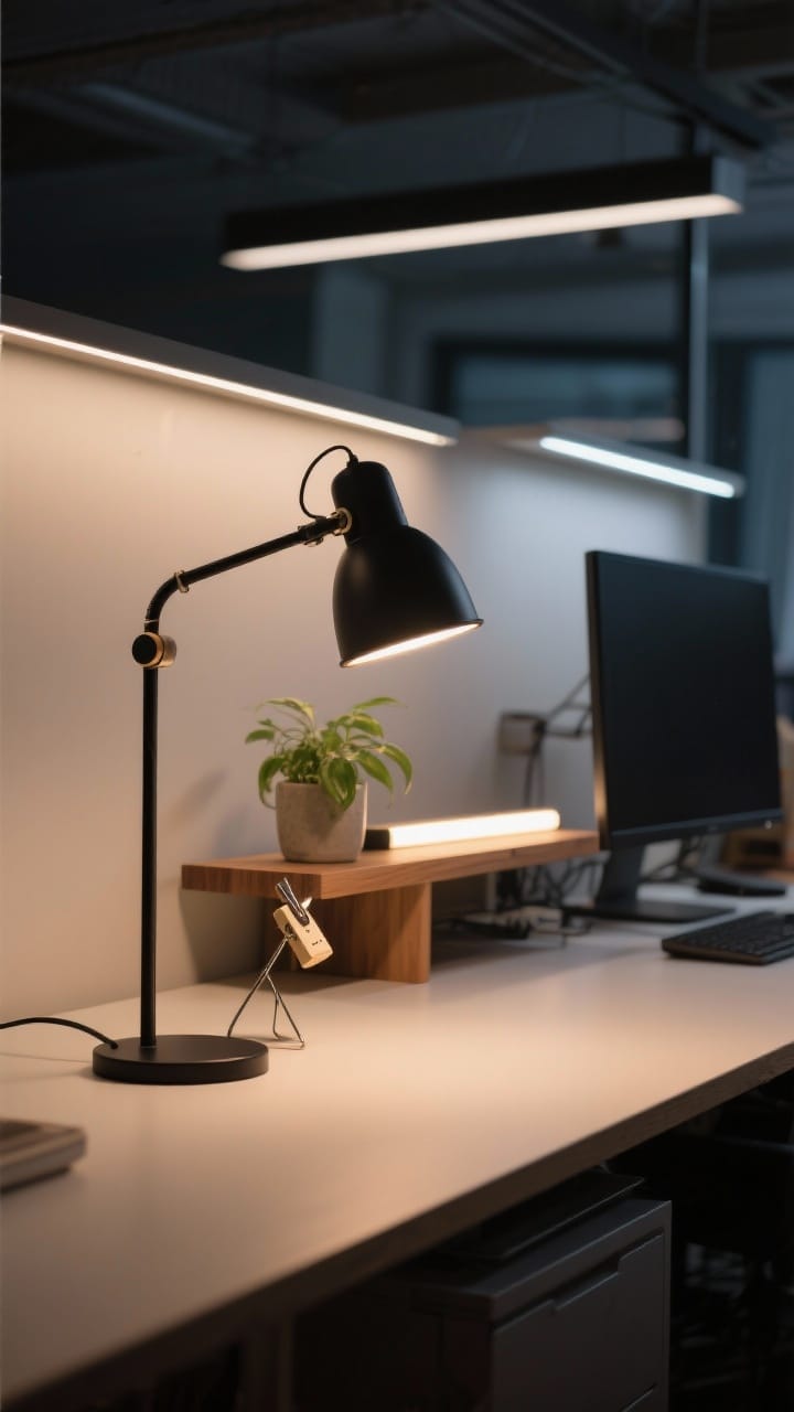 Closeup detail of layered lighting on a workstation: a matte black task lamp with dimmer casting warm 2700–3000K light onto the desk, a tiny clip light illuminating a plant on a shelf, and a slim LED light bar glowing under a wood monitor riser. Emphasize soft, directional pools of light that reduce harsh overhead glare. Nighttime office ambiance, moody but functional.