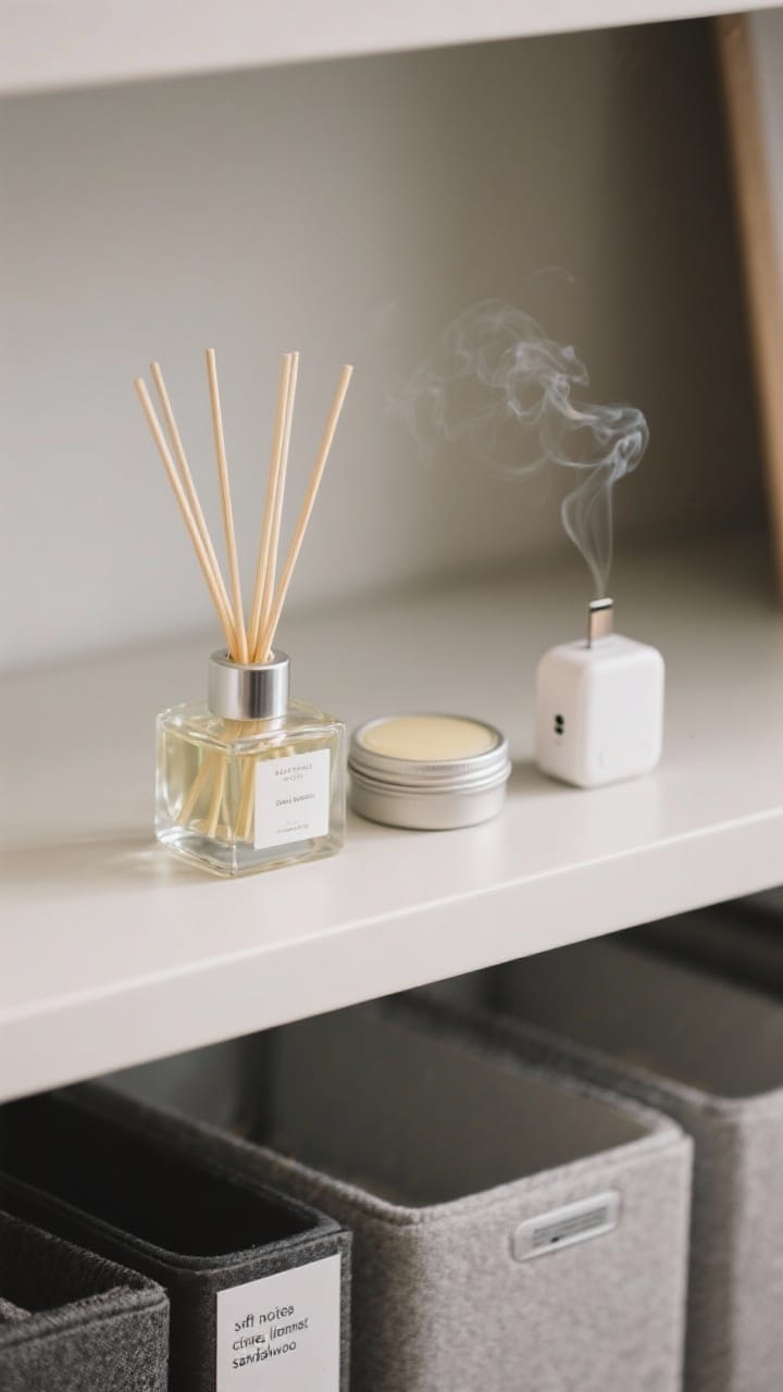 Closeup detail of subtle office scenting: a tiny reed diffuser with clear oil and slim reeds, a solid perfume balm in a minimal tin, and a compact USB diffuser set to the lowest level on a shelf. Labels read soft notes like citrus, linen, or sandalwood. Clean, discreet, considerate; soft ambient light with no smoke or candles.