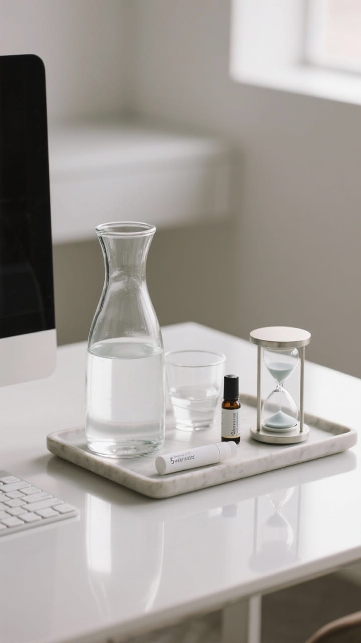 Closeup of a micro wellness zone on a desk: a sleek glass water carafe with matching tumbler, a calming essential oil roller and minimalist hand cream tube on a small tray, and a sand timer/desk hourglass for 5-minute focus. Clean, serene composition with soft natural light and a subtle reflection on the desk surface.