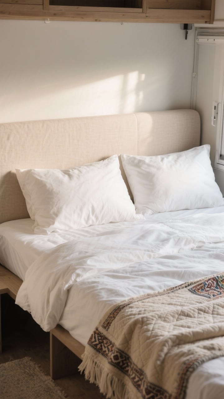 Closeup of a neatly styled camper bed: high-quality white or oatmeal sheets, a breathable duvet lightly fluffed, exactly two to three pillows arranged simply, a textured quilt or Turkish blanket folded at the foot for subtle pattern, an upholstered thin foam headboard in neutral linen mounted flush via Velcro, soft morning light, inviting yet minimal, photorealistic.
