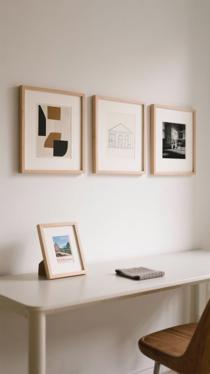 Closeup straight-on view of a subtle personalized art arrangement on a wall: a trio of matching light wood frames containing an abstract print, a minimalist architectural sketch, and a black-and-white photo. On the desk below, a small frame holds a travel postcard and a tiny textile swatch. Clean, refined, professional; neutral tones with soft shadows.