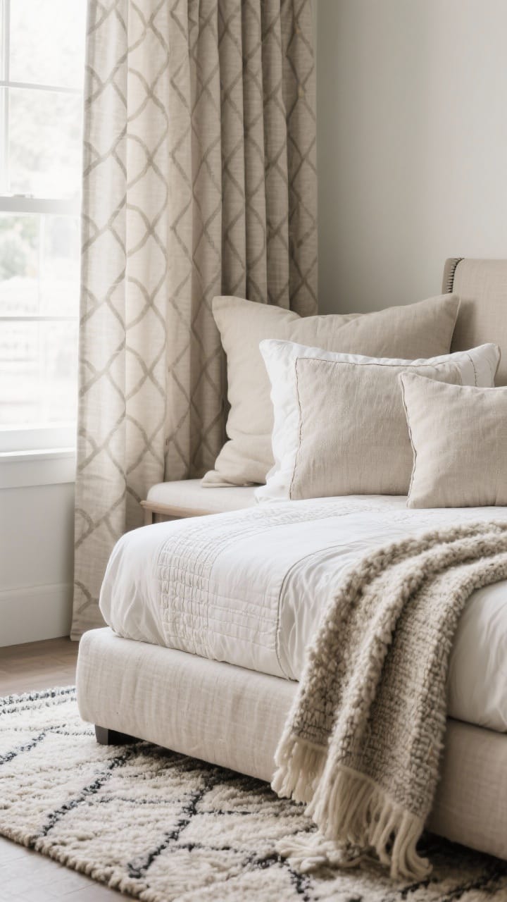 Closeup textile detail of upgraded fabrics: blackout curtains in a soft neutral, performance fabric cushion covers (Crypton or outdoor-rated) in modern patterns within the same color family, layered bedding with a fitted sheet, quilt, and a casually thrown textured throw. Include a wool or indoor-outdoor low-pile rug edge in frame, showing easy-clean texture. Soft, diffused daylight enhances fabric weave.