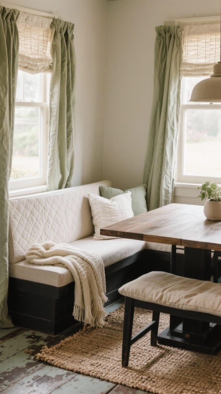 Cozy medium shot of the dinette area styled with soft goods: linen curtains replacing bulky valances, a lightweight quilt in soft neutrals on the bench seat, a textured cream throw draped over a cushion, and a durable indoor/outdoor rug layered over older flooring; include DIY cushion covers in natural canvas/drop cloth fabric; show a cohesive 3–4 color palette (sage, cream, warm greige, black accents); warm, diffused daylight for a calm, boutique vibe.