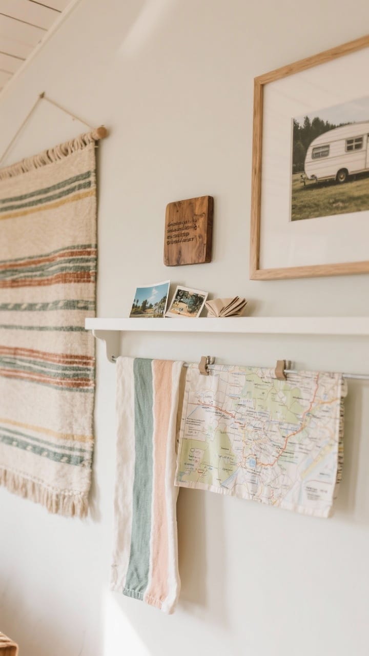 Detail closeup of camper wall art and soft decor: a slim gallery ledge with lightweight frames secured by museum putty, a fabric tapestry hanging nearby, a small wood plaque, postcards and a folded map arranged artfully, a framed tea towel in colors matching the palette, command strips subtly visible as mounting, soft neutral background and natural light, photorealistic.