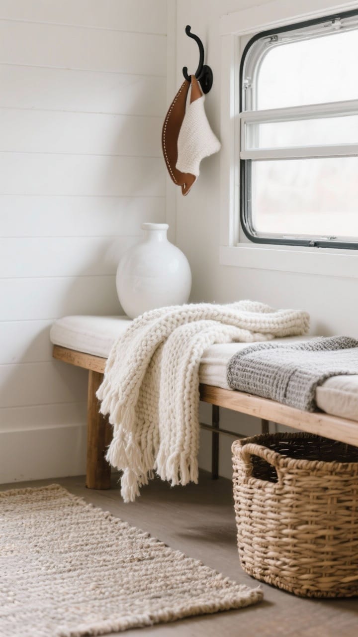 Detail closeup of layered textures on a camper bench: nubby knit throw in cream, rattan basket tucked beneath, smooth white ceramic vase on a small ledge, matte black metal hook above, cotton and leather accents overlapping, a flat-weave rug underfoot for low profile, tight neutral palette of whites, oatmeals, and soft grays to keep it curated, soft natural window light, photorealistic.