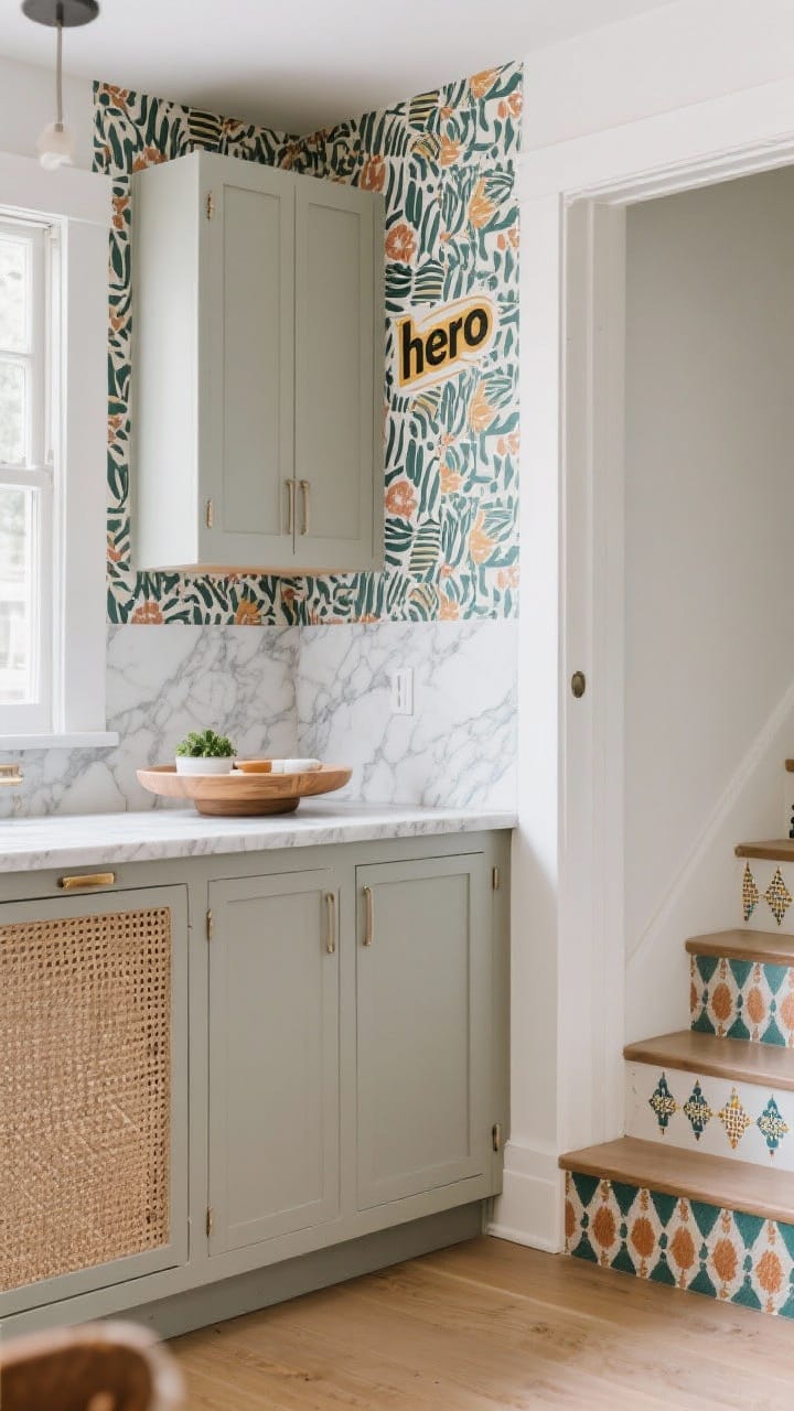 Detail closeup: Peel-and-stick transformations—a bold “hero” wallpaper pattern on a small accent wall behind the dinette, marble-look vinyl wrapping a section of counter, cane-print cabinet decals on flat doors, and playful stair/riser decals visible at the entry. Balanced composition emphasizing textures and pattern restraint, even natural light, photorealistic.