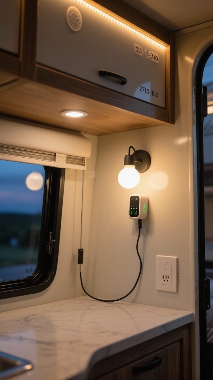 Detail closeup under the camper’s upper cabinets showing lighting upgrades: adhesive LED puck lights casting a warm 2700–3000K glow onto the counter, a battery-powered sconce with a rechargeable bulb mounted on the wall, and a neat peel-and-stick cord cover routing a small wire; include a discreet smart plug/remote switch on the counter; ambient evening mood with cozy highlights and soft shadows.