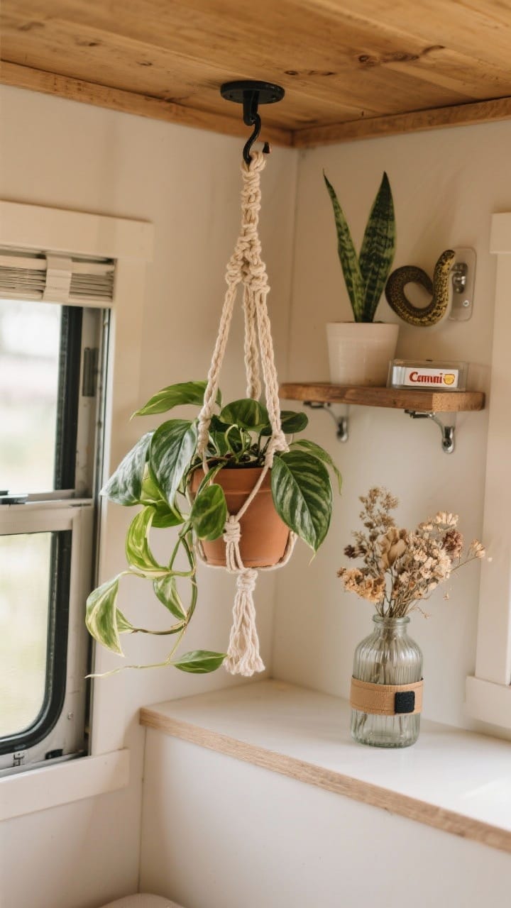 Detail shot of road-trip-ready plants secured in a camper: a pothos and philodendron in macramé hangers from ceiling hooks, a small snake plant on a magnetic shelf with a Command caddy, dried florals in a bud vase on a ledge; include plant straps/Velcro securing a pot for travel day; neutral backdrop with warm wood; soft natural light with crisp focus on leaves and securing hardware, slightly angled close-up.