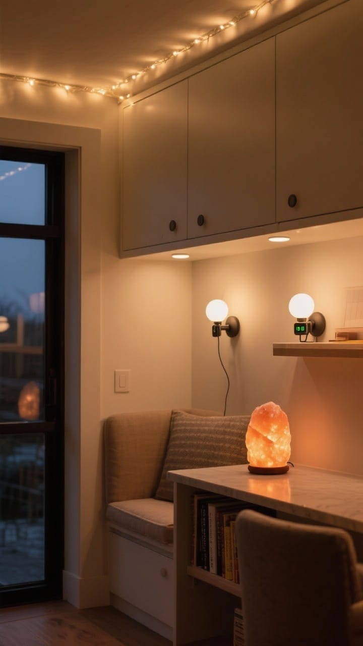 Evening interior detail-to-medium shot demonstrating soft, layered lighting: warm white (2700–3000K) LED string lights tracing the ceiling line, battery-powered puck lights under cabinets illuminating a reading nook, two clip-on sconces with rechargeable bulbs flanking a shelf, and a softly glowing salt lamp on a small counter; capture the amber glow and gentle pools of light, straight-on view to showcase the lighting hierarchy.