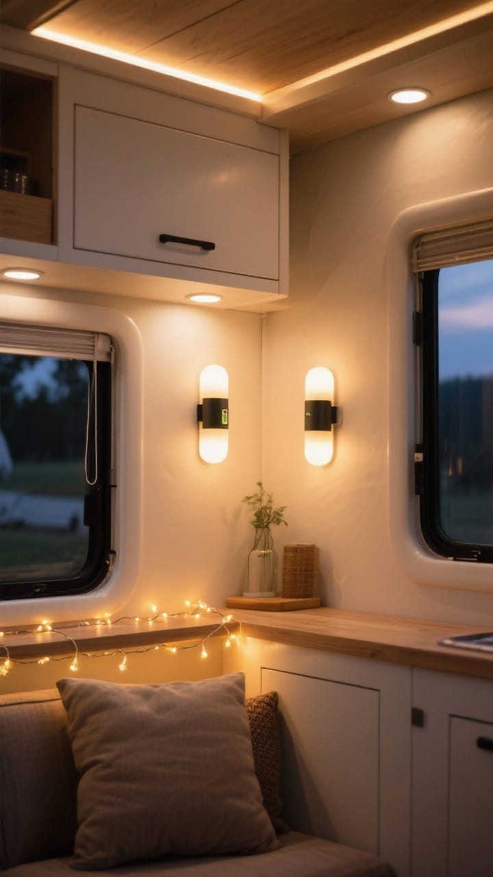 Evening medium shot of a camper living nook with layered, warm lighting: rechargeable stick-on battery sconces casting soft glows, LED puck lights under white upper cabinets providing task light, warm string lights draped subtly along a shelf, all lighting set to 2700K–3000K warmth, matte finishes and light walls reflecting a cozy ambience, no harsh overhead glare, photorealistic.