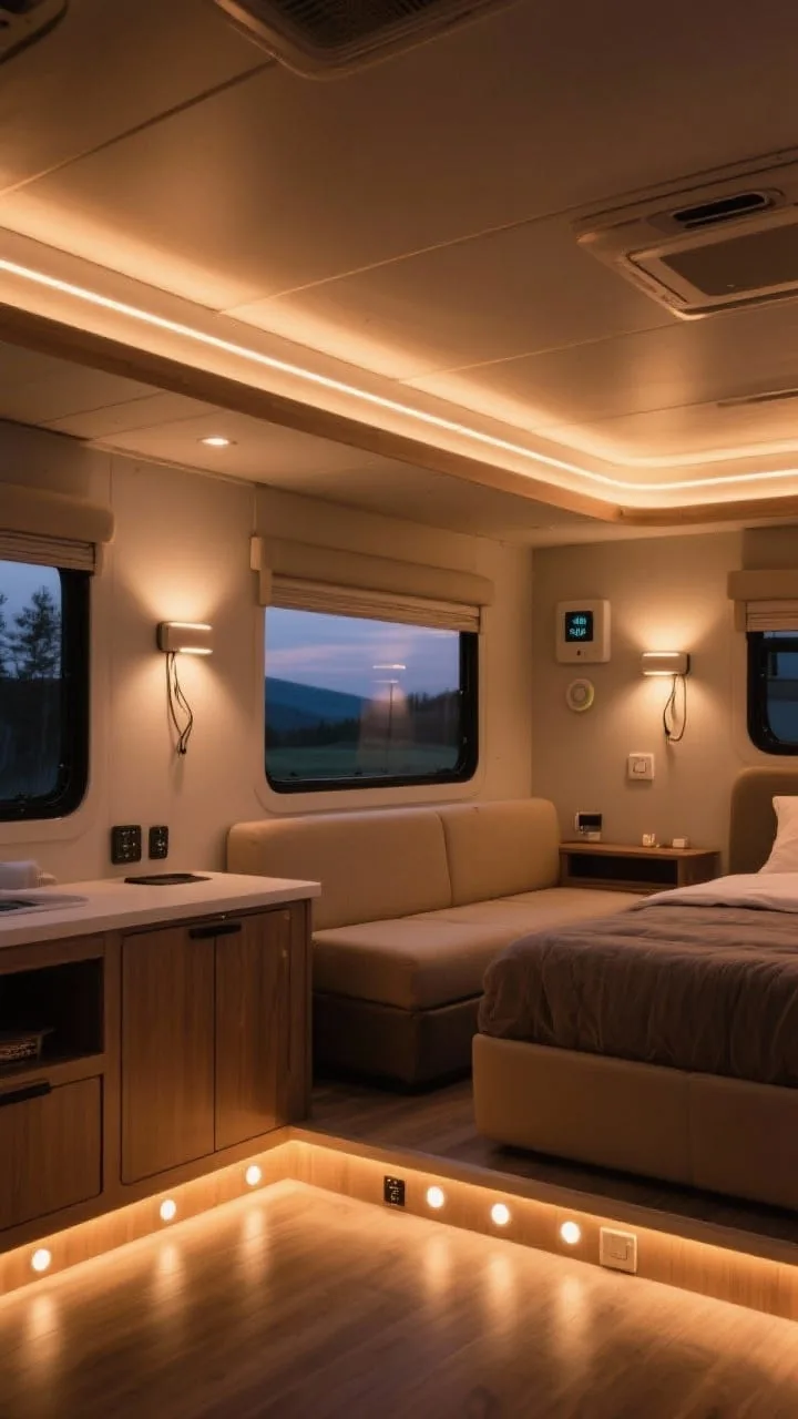 Evening mood wide shot showing layered lighting in a camper lounge: warm ambient glow from dimmable warm white LED strips along ceiling coves and toe kicks, task lighting from LED puck lights under cabinets, and battery-operated sconces with cord covers by the bed area. Include a smart hub/dimmer on the wall, color temperature around 2700–3000K for cozy tones, no overhead-only glare.