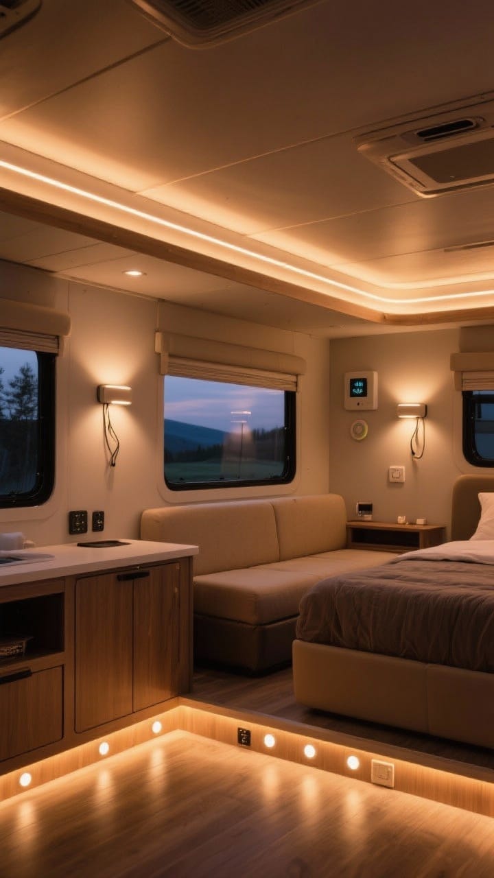 Evening mood wide shot showing layered lighting in a camper lounge: warm ambient glow from dimmable warm white LED strips along ceiling coves and toe kicks, task lighting from LED puck lights under cabinets, and battery-operated sconces with cord covers by the bed area. Include a smart hub/dimmer on the wall, color temperature around 2700–3000K for cozy tones, no overhead-only glare.
