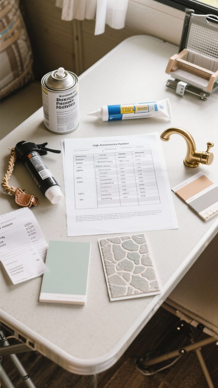 Flat-lay overhead shot on a camper table of budget-planning essentials: a spreadsheet printout with allocations (40% surfaces, 25% soft goods, 20% lighting/hardware, 15% contingency), receipts, a priority list (safety/function first), and samples—paint chips in soft white/greige/sage, peel-and-stick flooring and backsplash swatches, a brass faucet finish chip; include a can of high-adhesion primer, quality caulk, and small items for under-$50 projects (black spray paint, rope/leather pulls, a compact fold-down shelf bracket, magnetic door screen box); clear, bright lighting for a practical planning vibe.