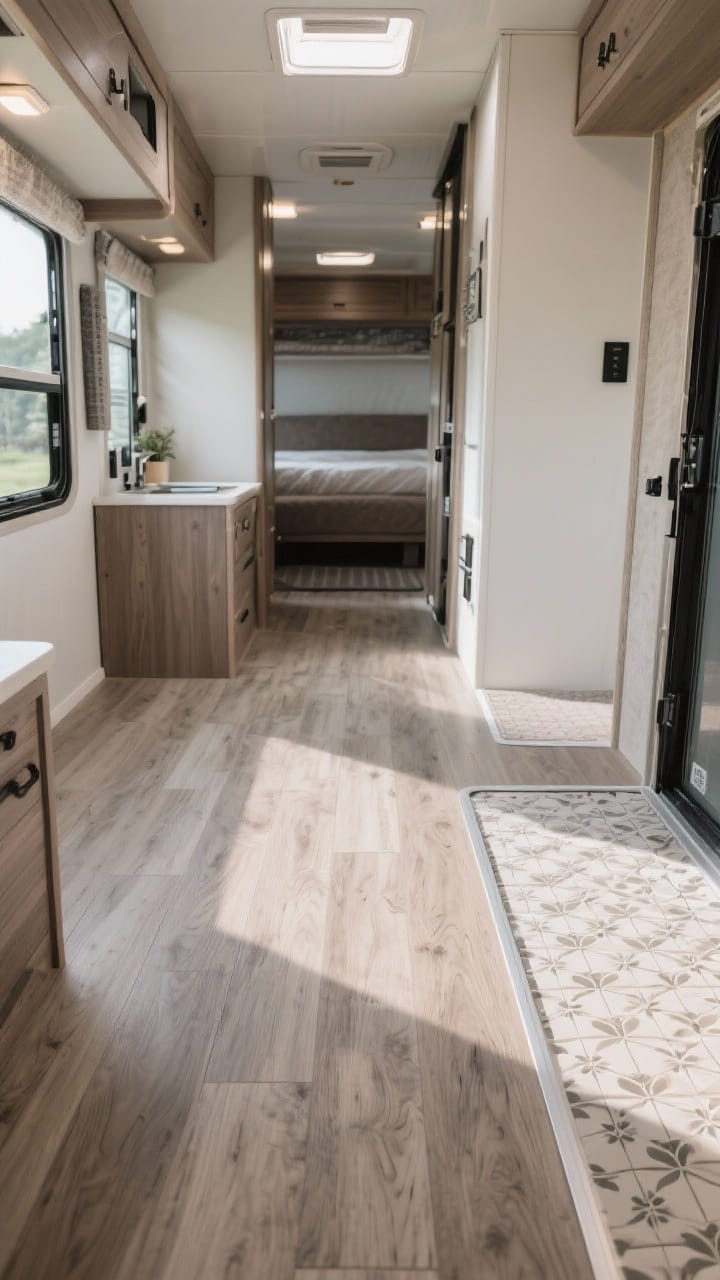 Low-angle wide shot: Seamless camper flooring upgrade—neutral vinyl plank (LVP) laid lengthwise to visually extend the space, minimal thresholds, with a small adjacent area in sheet vinyl for durability; optional peel-and-stick patterned tiles confined to the entry zone. Daylight highlighting wood-look texture, clean and modern, photorealistic.