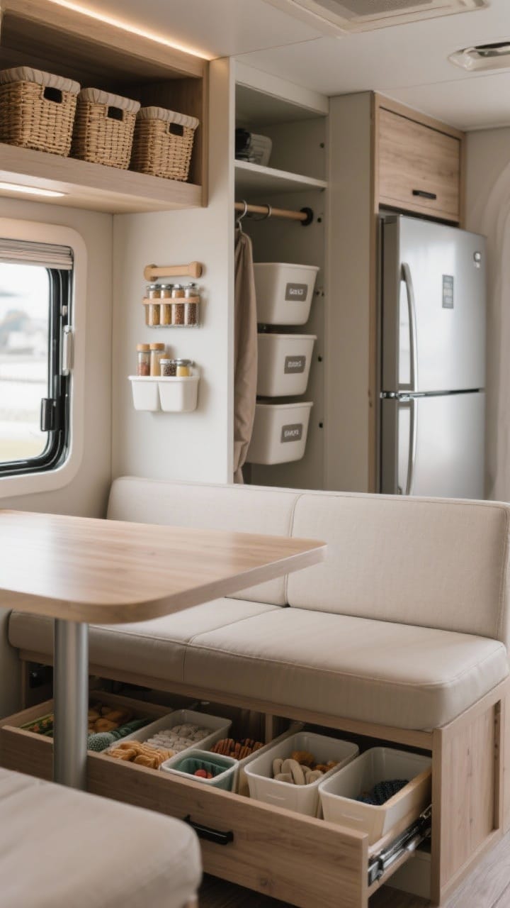 Medium shot: Clever hidden storage in a compact camper dinette—under-bench drawers pulled out revealing neatly organized bins; overhead slim, lidded baskets in a matching set; a magnetic spice rack inside a cabinet door and on the fridge; vertical fold-flat bins in a narrow closet. Neutral palette with clear labeling visible. Straight-on view, soft ambient light, photorealistic.