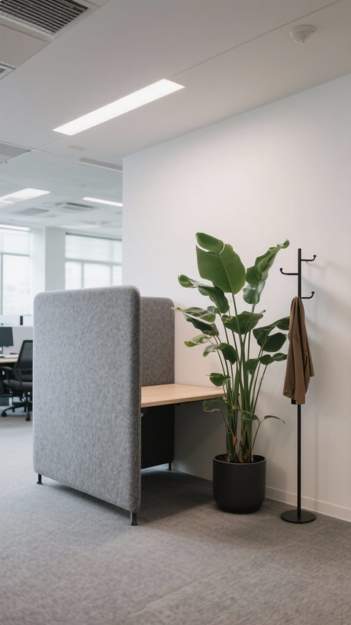 Medium shot defining a personal nook in an open office: a felt desktop privacy panel in a muted gray absorbing sound, a tall leafy plant acting as a natural divider, and a slender standing coat rack marking the boundary. Soft, even lighting and calm colors to suggest a quiet, focused area without feeling closed off.