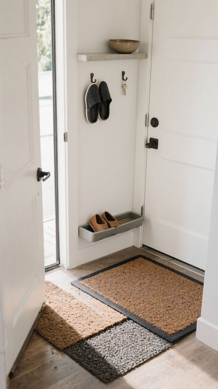 Medium shot, entry vignette: Tiny mudroom setup—layered mats with a coarse scraper outside the threshold and an absorbent mat inside, a slim shoe tray tucked beside the door holding two pairs, wall-mounted key hooks above a small bowl on a ledge; clean, functional, easy-reset zone with natural daylight.