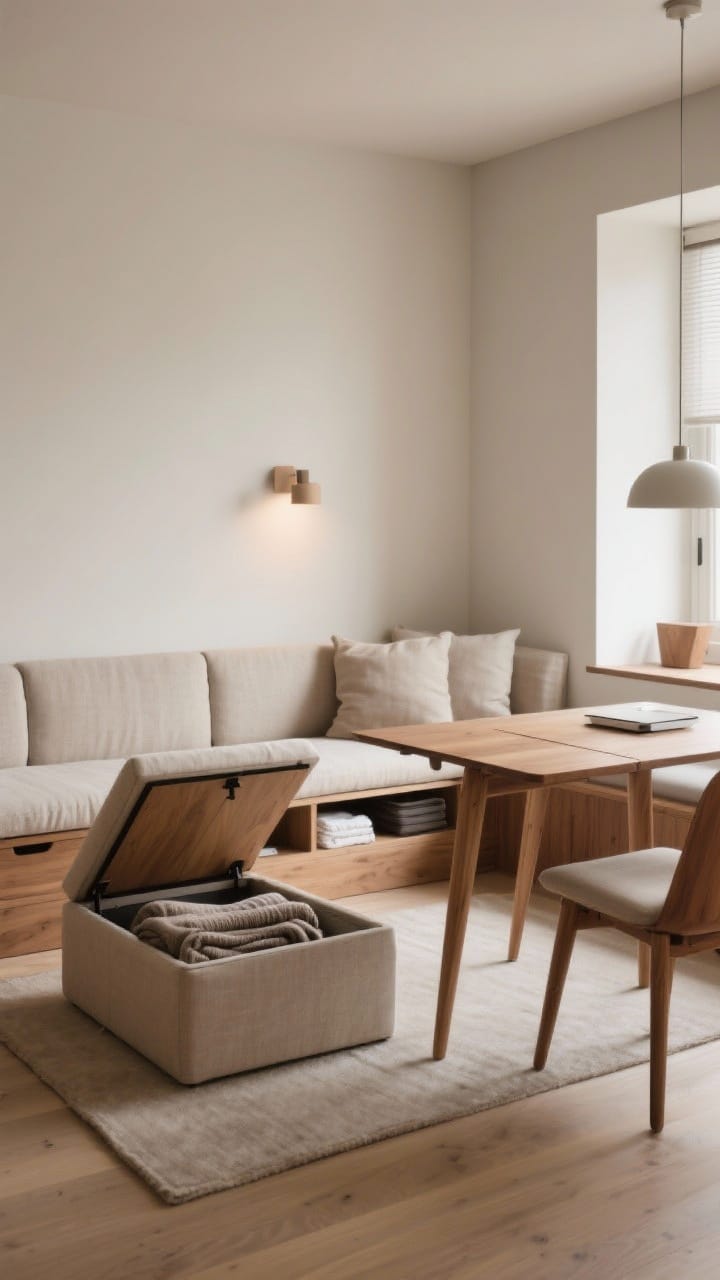 Medium shot: Multifunctional seating area with a storage ottoman (lid slightly open revealing blankets), a bench with a hinged top storing linens, and a compact drop-leaf table mid-transform between dining and desk; tidy, streamlined forms; neutral fabrics, warm wood tones, soft ambient lighting.