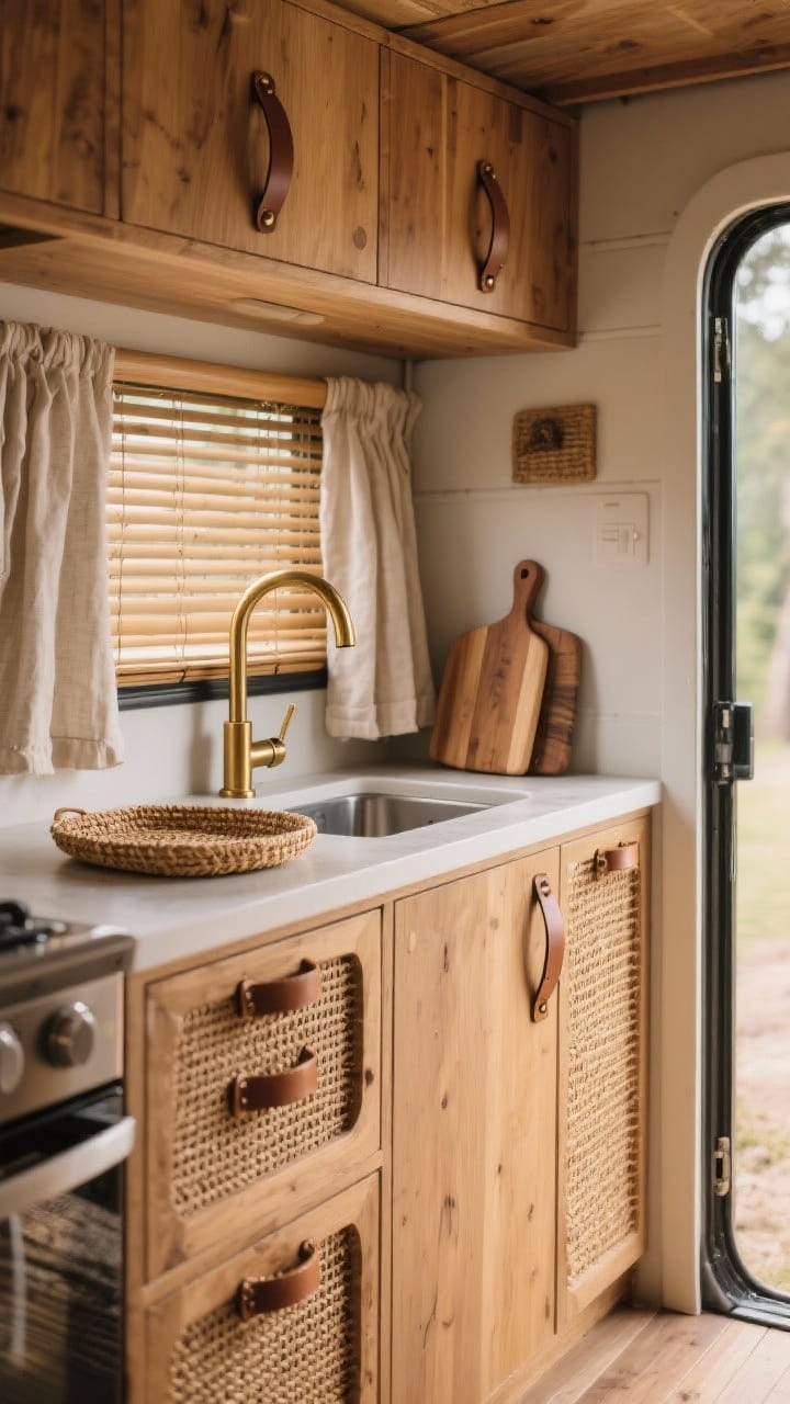 Medium shot of a camper kitchenette and entry zone upgraded with natural materials: rattan cabinet pulls, leather strap handles on drawers, a brushed brass faucet over a compact sink, bamboo blinds filtering sunlight, linen café curtains, and wood cutting boards with a woven seagrass tray on the counter; earthy, tactile palette with warm wood tones; side angle to catch textures and reflections in the brass.