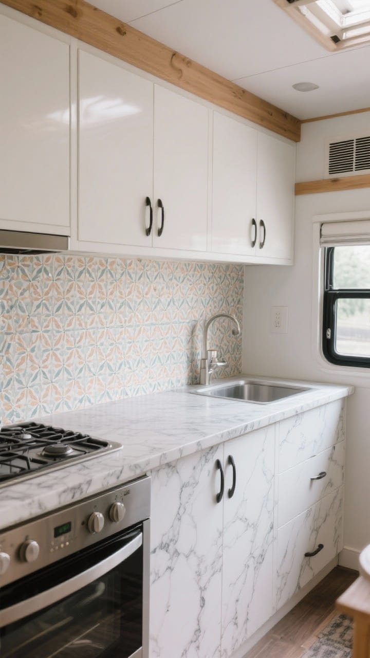 Medium shot of a camper kitchenette showcasing peel-and-stick upgrades: bold but balanced patterned peel-and-stick backsplash adding personality, a single accent wall with small-pattern peel-and-stick wallpaper in soft tones, counters wrapped in marble-look vinyl with subtle veining, white upper cabinets keeping it light, overall clean lines and minimal clutter, photorealistic.
