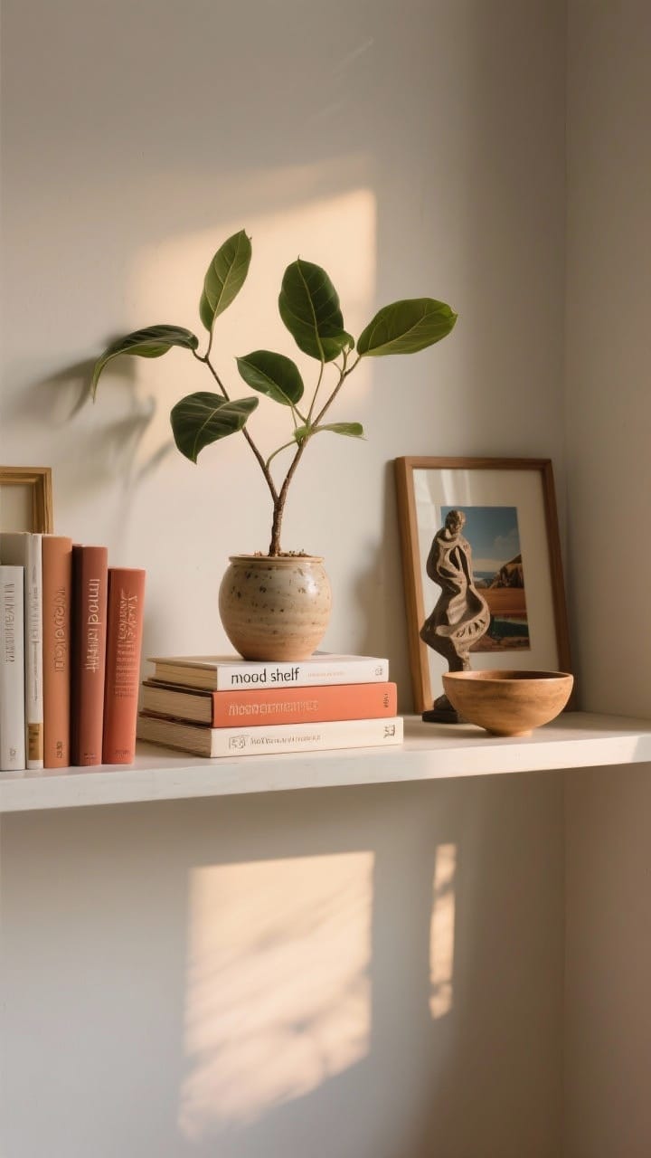 Medium shot of a curated “mood shelf”: apply the rule of three with a vertical plant in a ceramic pot, a horizontal stack of books, and a personal object from a trip (small sculptural keepsake). Repeat the accent color through book spines, frames, and a small decor bowl. Maintain negative space for an airy, magazine-worthy look, warm side lighting.