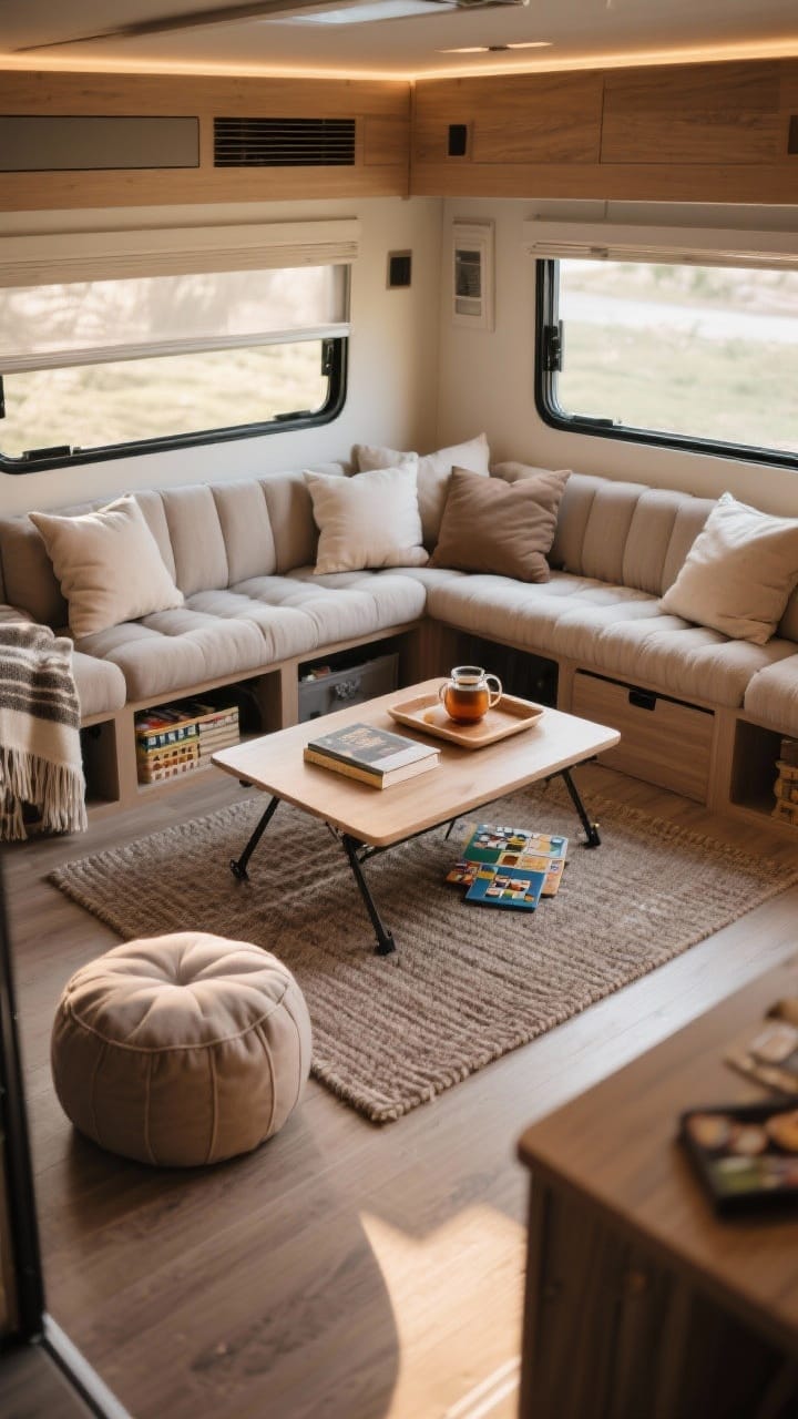 Medium shot of a low-profile lounge zone in a camper: thick floor cushions and a custom low bench layered with soft pillows, a folding tray coffee table centered with tea and a book, flat-woven low-pile rug grounding the seating, and under-seat storage bins slightly visible with blankets and board games; include one or two pouf ottomans; warm, cozy lighting with soft shadows, slightly elevated perspective to show the floor plan.