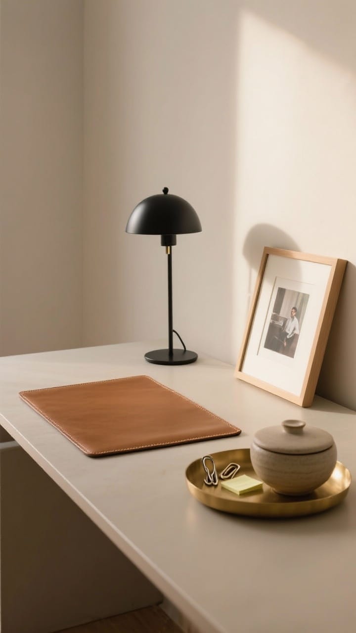 Medium shot of a neatly styled desk like a coffee table: a small matte black desk lamp as the vertical element, a tan leather desk pad as the horizontal layer, and a minimal framed photo as the personal moment. Include a shallow brass tray corralling paper clips and sticky notes in a lidded ceramic bowl. Neutral backdrop, warm natural light, composition balanced with negative space.