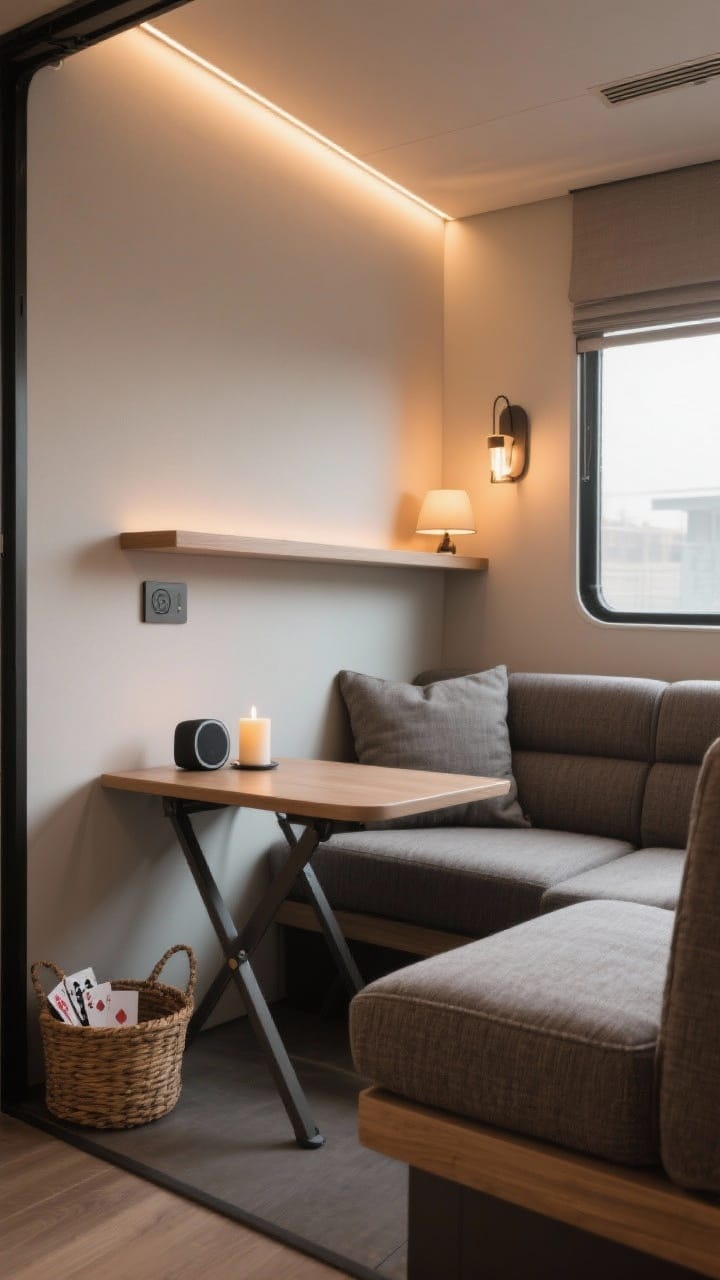 Medium shot of a tiny lounge zone carved from a dinette: thicker replacement cushions in performance fabric, a small foldable table tucked to the side for more lounging space, a wall-mounted narrow shelf acting as a mini coffee table holding a candle and Bluetooth speaker, layered lighting from a warm sconce and a small lamp, a basket with cards nearby, cozy yet efficient, photorealistic.