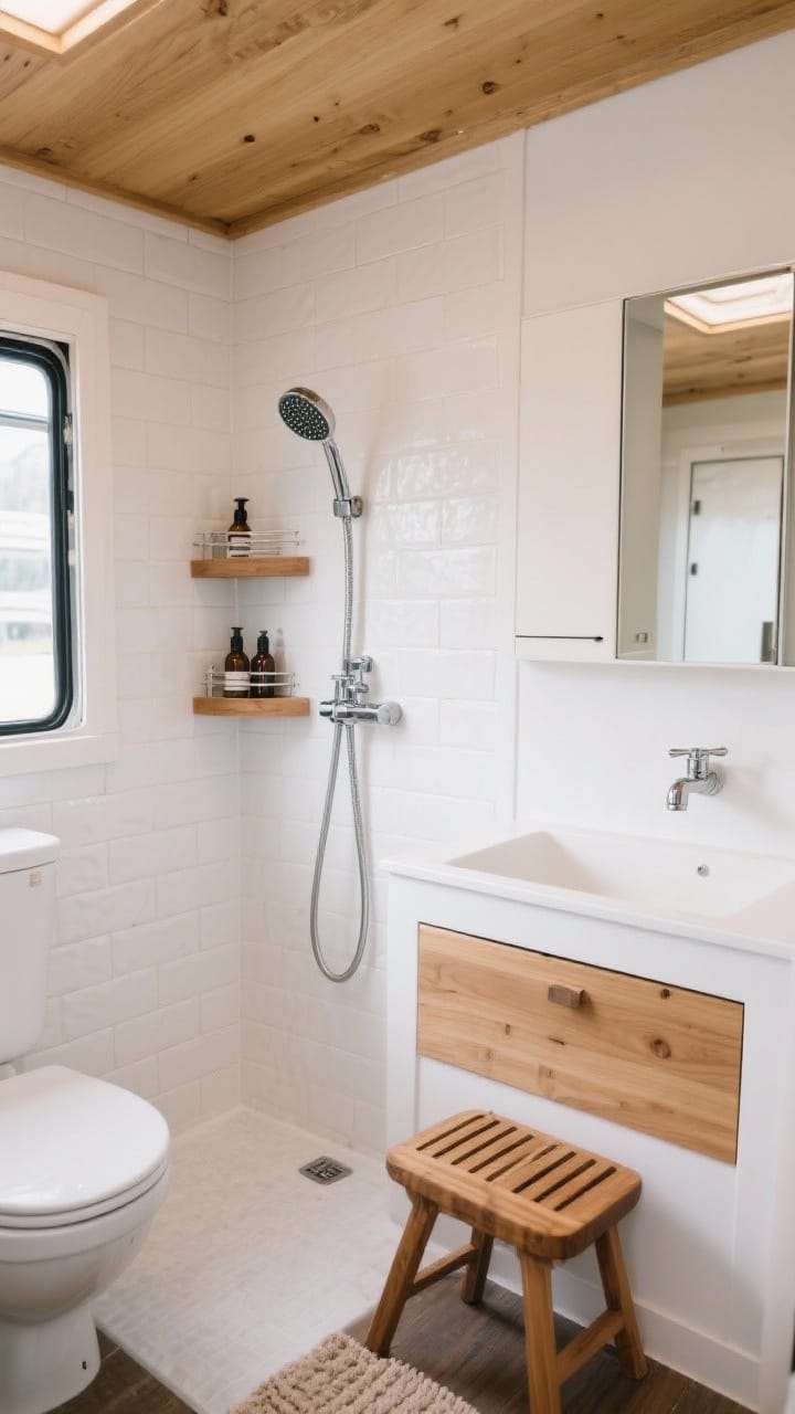 Medium shot of a tiny spa-like camper bathroom: peel-and-stick tile or waterproof wall panels in the shower splash zone, a compact high-pressure shower head and matching faucet, corner shelves or a tension pole caddy organizing bottles off the floor, and a mirrored medicine cabinet for hidden storage. Add teak accents: a small stool and slatted bath mat. Clean palette of white, warm wood, and one muted accent color.