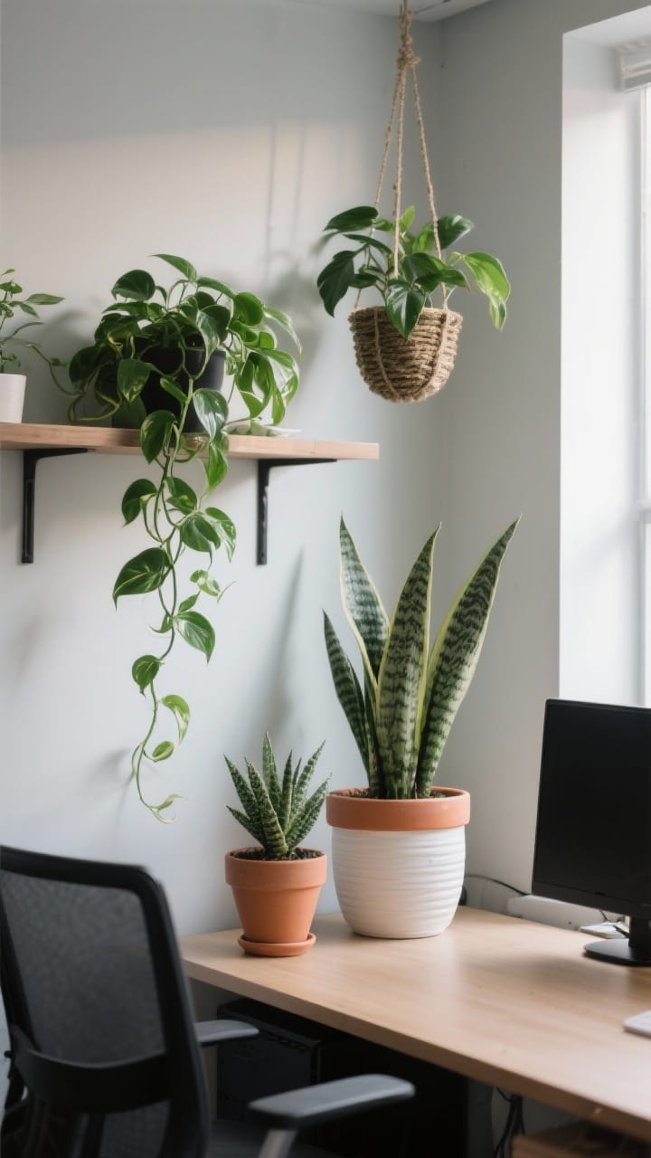 Medium shot of an office corner with easy-care plants: pothos trailing from a shelf, a ZZ plant and a snake plant on the desk, all in ceramic pots matching a white, terracotta, and black palette. Include one high-quality faux plant on a dim shelf. Soft morning light highlights fresh green leaves; a hanging planter draws the eye upward to make the space feel larger.