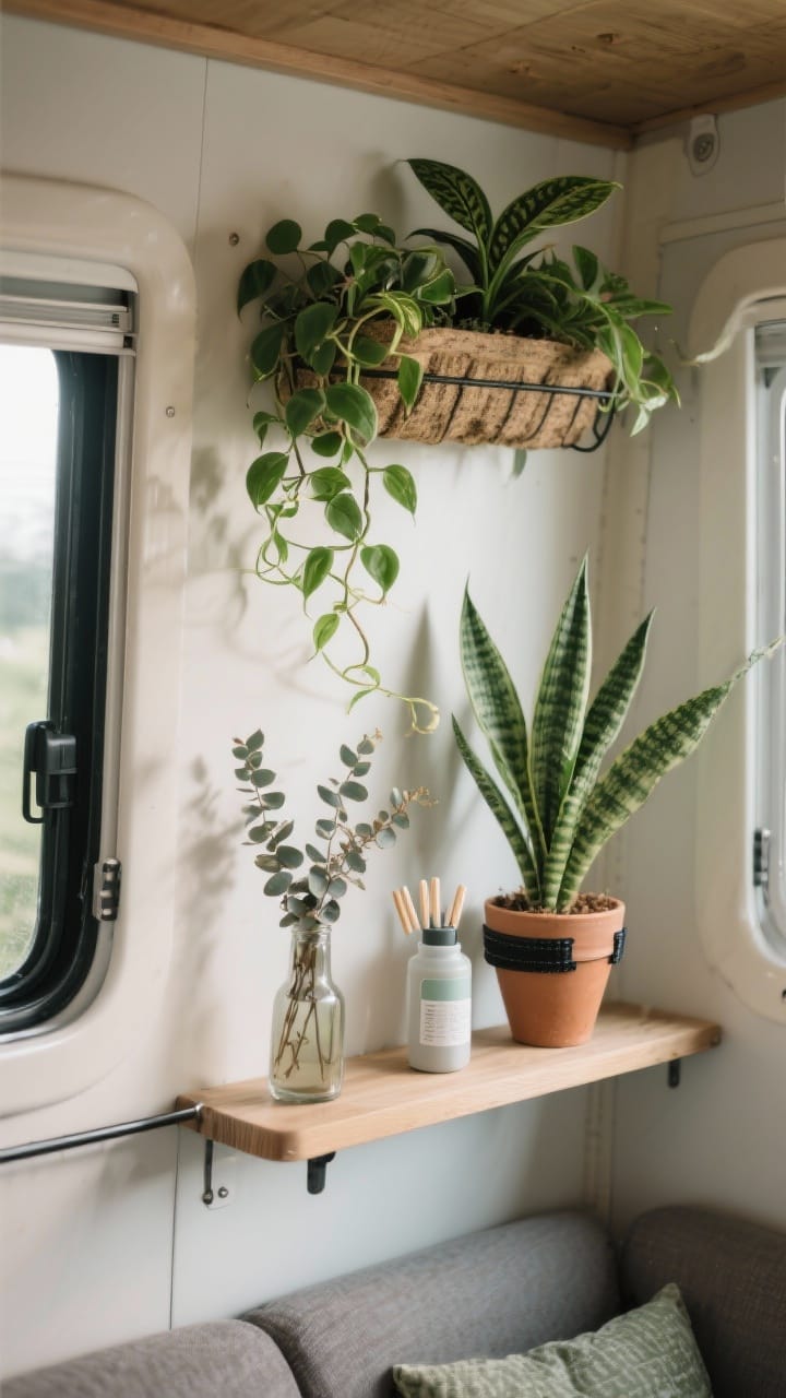 Medium shot of greenery in a camper: pothos trailing from a wall-mounted planter, a snake plant and ZZ plant in small pots secured with plant Velcro/museum putty on a rail shelf, a small bottle showing self-watering spikes in a pot, dried eucalyptus in a slim vase, low-light friendly placement away from direct sun, fresh yet low-maintenance vibe, photorealistic.