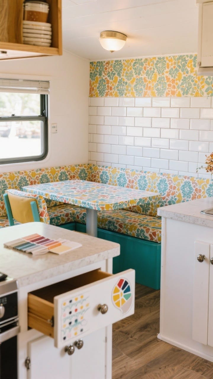 Medium shot of peel-and-stick personality upgrades: a faux subway tile backsplash in the kitchen, a bold-patterned peel-and-stick accent wall behind the dinette, countertop cover refreshing a dated surface, and contact paper with playful pattern inside an open drawer plus cabinet hardware decals. Include sample swatches on the counter to hint at testing colors under camper lighting. Bright, cheerful, removable finishes.