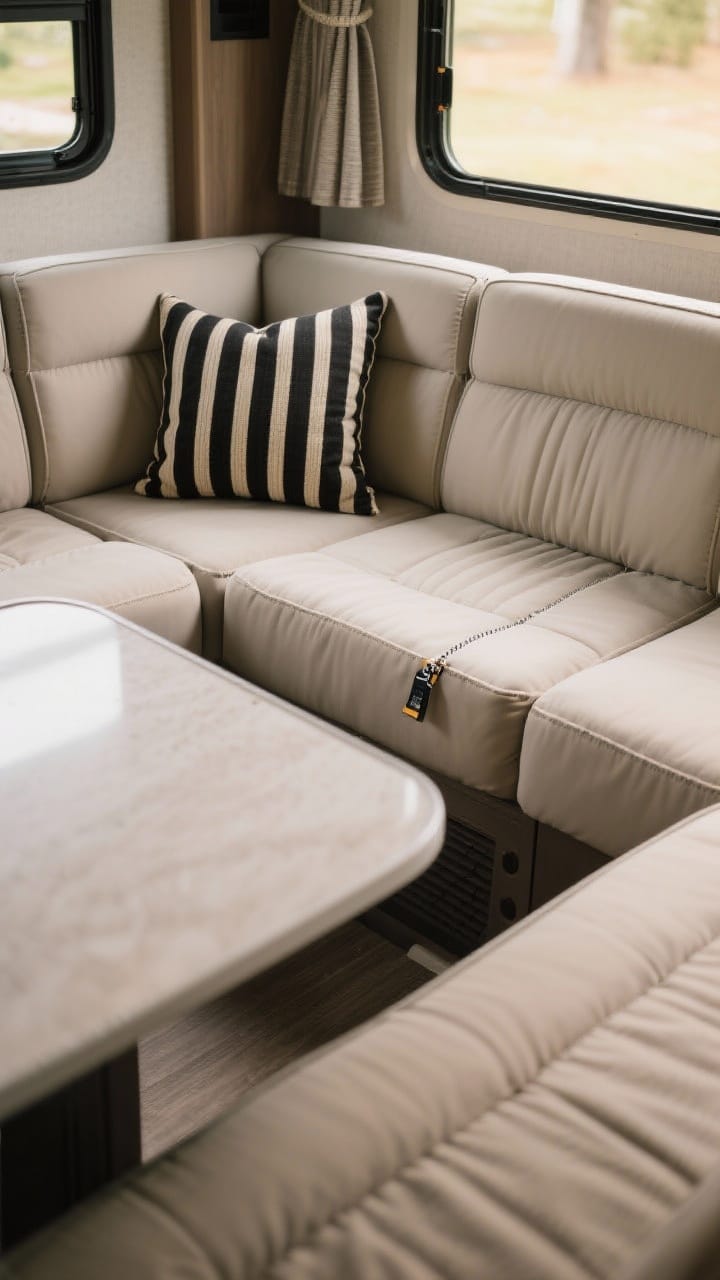 Medium shot of seating upgrades: a camper sofa with a fitted stretch slipcover, dinette cushions neatly wrapped in new fabric with visible zipper closures, and refreshed seat foam for supportive shape; styling with one bold statement fabric lumbar pillow (e.g., black-and-cream stripe) while other textiles remain neutral performance fabrics; a small strip of Velcro peeking under a cushion; warm, natural light.