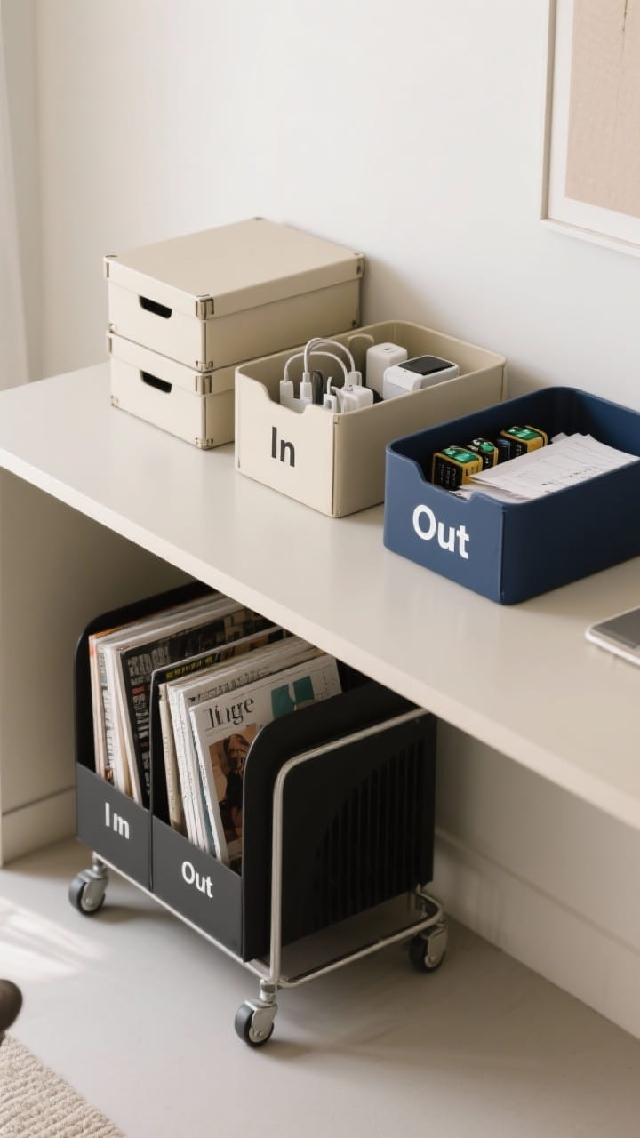 Medium shot of stylish storage on and under a desk: two trays labeled “In” and “Out” for active paperwork, stacked lidded boxes for chargers and batteries, magazine files with labeled spines, and a slim rolling cart tucked under the desk. Finishes harmonize in beige, navy, and black to match the color palette. Bright, organized, clutter-free scene.