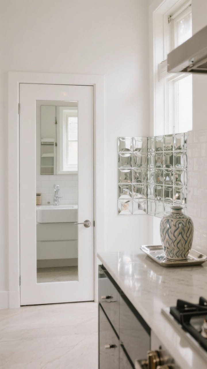 Medium shot, reflective focus: A full-length mirror mounted on a bathroom door reflecting a window light; a small mirrored backsplash panel behind the stove brightening the galley; glossy lacquer tray and glazed ceramic vase on a counter catching highlights; clean, bright, space-expanding effect.