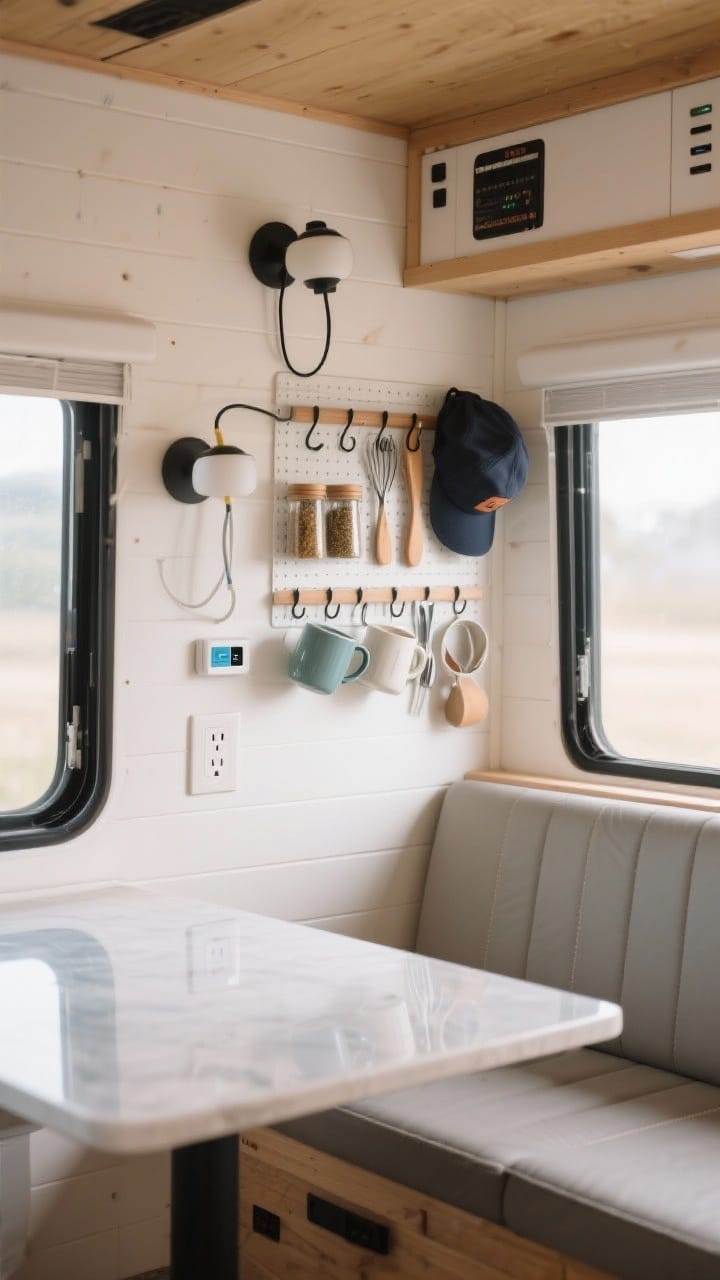 Medium shot, straight-on: A camper wall featuring mounted plug-in sconces with cord covers, a magnetic spice strip, peg rail with mugs and utensils, adhesive hooks holding hats, and a mounted USB hub near a dining banquette; clear countertops and uncluttered surfaces, calm vibe; soft daylight.