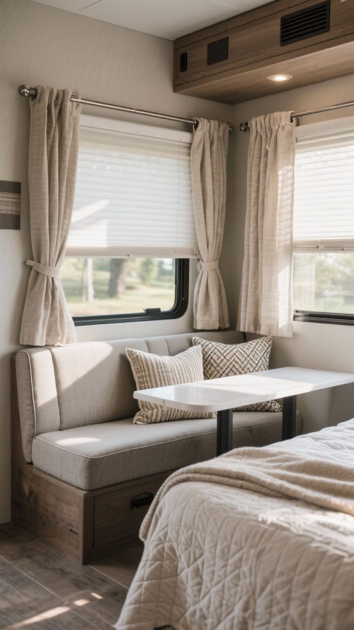 Medium shot: Upgraded textiles in a camper nook—dinette cushions re-covered in performance fabric with a tailored look, linen-look curtains on tension rods replacing blinds, and a bed styled with a quilt, a soft throw, and two statement pillows in a tight, coordinated palette. Natural daylight with gentle shadows highlighting fabric weave, photorealistic.