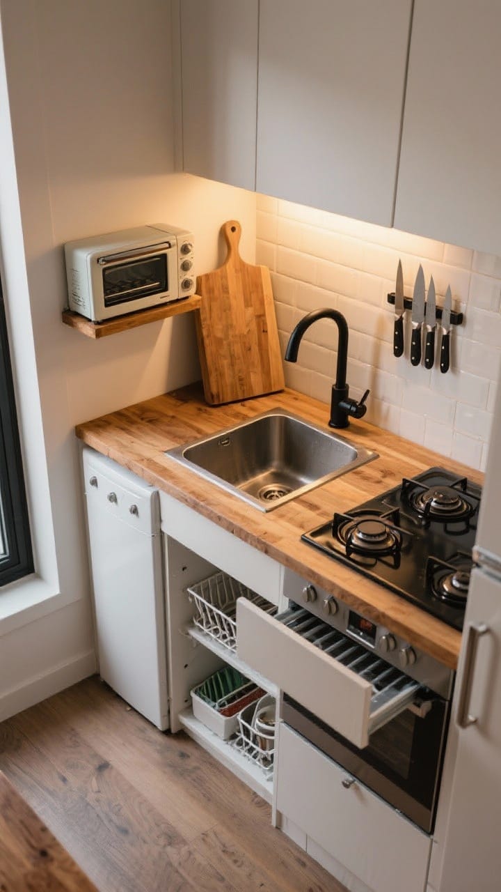 Overhead detail shot of a tiny galley kitchen triangle showing prep space, a two-burner cooktop, and a compact sink within arm’s reach. Include butcher block counters with an integrated cutting board cover over the sink, a compact convection toaster oven instead of a microwave, a magnetic knife strip on the backsplash, a folding dish rack collapsed to save space, a pull-out pantry next to a small fridge, and a modern matte black faucet. Warm task lighting.