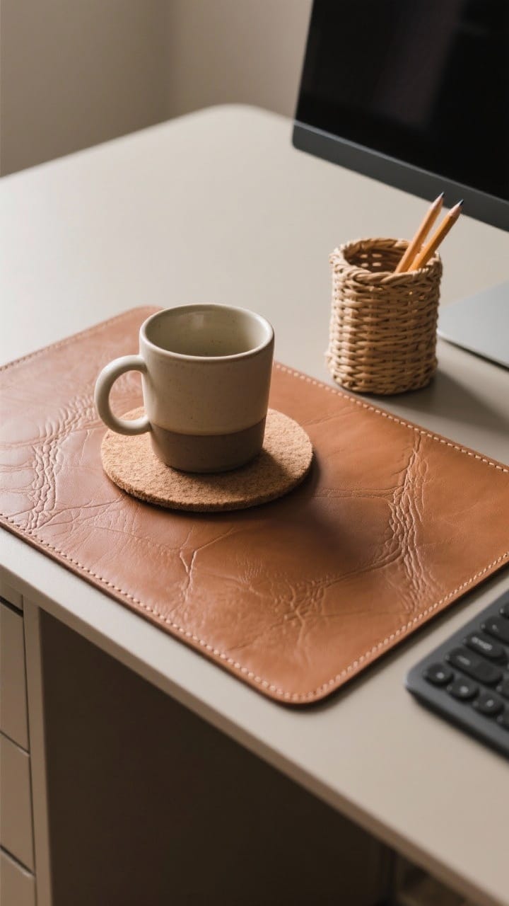Overhead detail shot of desk textures: a cognac leather desk pad with visible grain, a soft felt coaster under a ceramic mug, and a woven cane-wrapped pencil cup. Emphasize tactile surfaces that reduce glare on a bland laminate desk. Neutral tones with gentle, diffuse daylight highlighting material contrast.