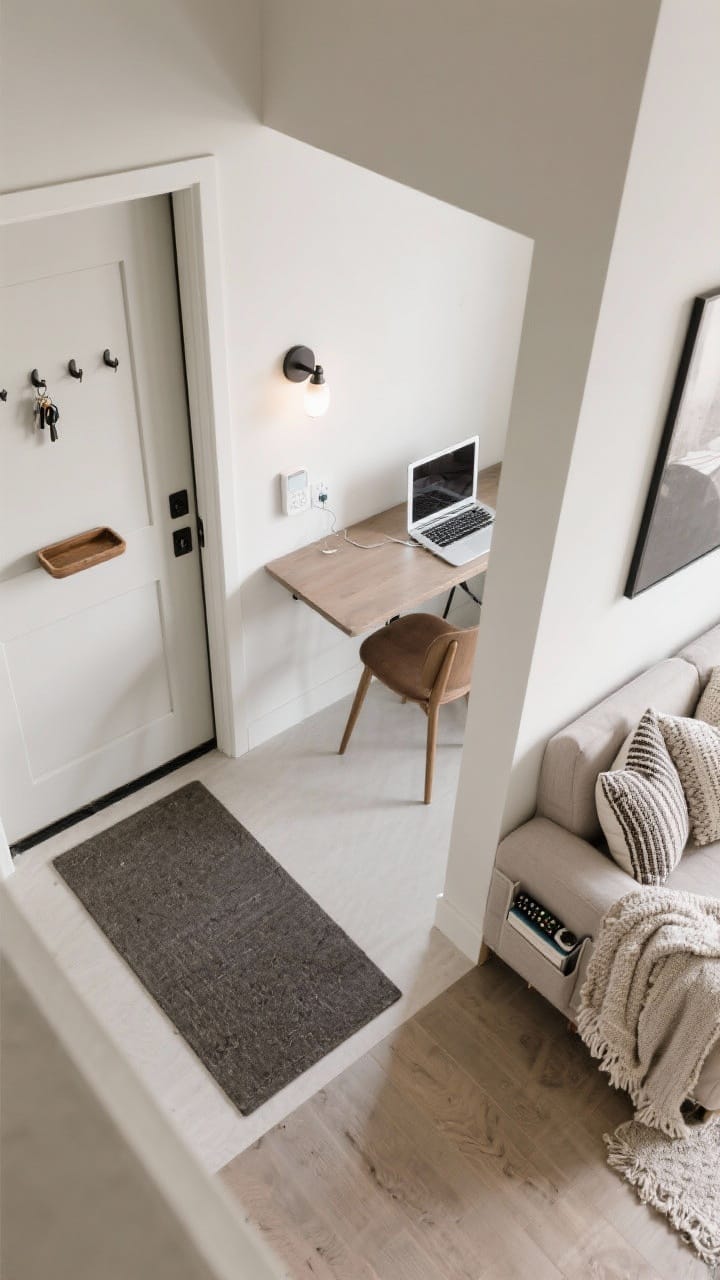 Overhead shot: Clearly defined micro-zones—entry with narrow mat, slim tray for keys, and hooks; adjacent compact dining/work zone with a single table under a dedicated sconce and charging station; lounge nook with cushions, a textured throw, and a side pocket storing remotes and a book; tidy and intentional.