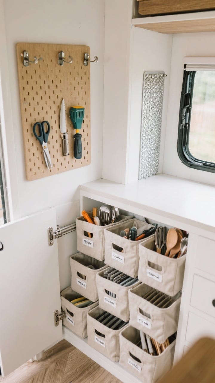 Overhead shot of smart camper storage: labeled collapsible bins and soft baskets nested in a cabinet, drawer dividers neatly organizing utensils, a tension rod preventing items from sliding, and magnetic strips inside a door holding scissors and small tools; a pegboard with a few hooks visible at the edge, emphasizing vertical use; clean, bright lighting for clarity and order.